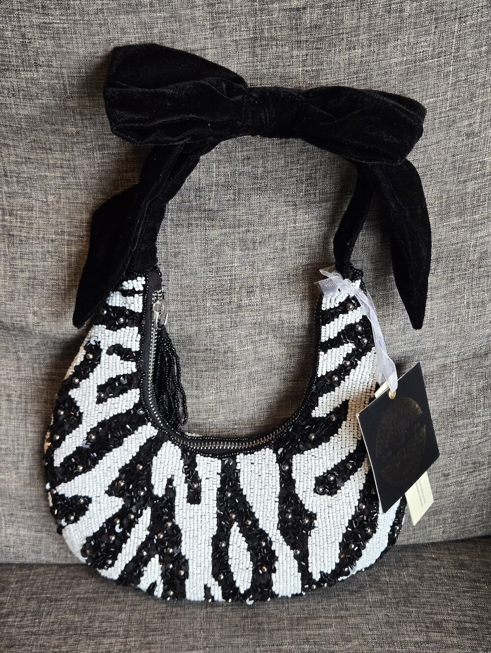 From India To You Black And White Beaded Hobo Bag Velvet Bow Handle Tassel NWT